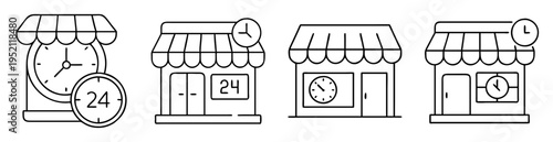 Line art illustrations of 24 hour store availability and opening hours