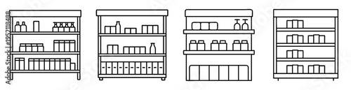 Line art drawing of four different store shelves with various items