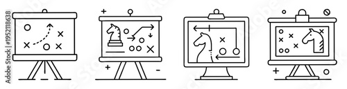 Four whiteboard illustrations showcasing game strategies, team tactics, and business planning