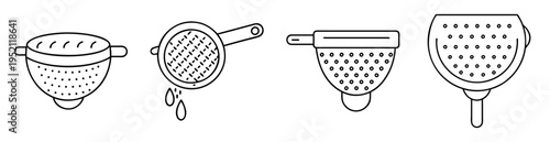 Variety of black and white line drawing of kitchen colanders and strainers