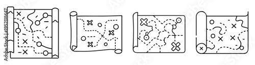 Set of four monochrome treasure maps or battle plans on scrolls