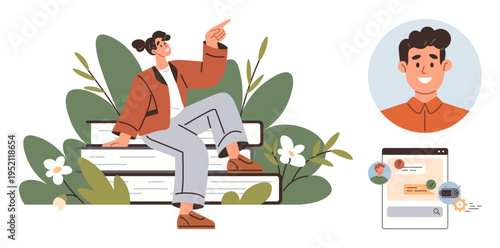 User profiles, online identity, social media, personal growth, technology, networking. A young person pointing while sitting outdoors with a user profile and interface elements. Online identity