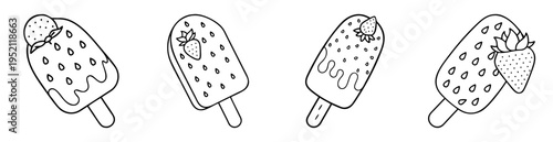 Black and white line art illustration of four strawberry popsicle variations