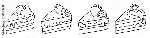 Delicious monochrome strawberry cake slice illustration with drizzles and cake layers
