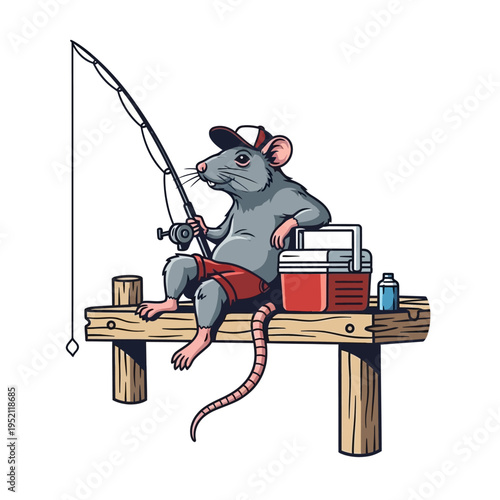 A cartoon rat wearing a cap and shorts sits on a wooden dock, fishing with a rod and reel, with a cooler and bait nearby.