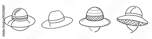 Outlined collection of whimsical and fanciful hats with unique and creative designs