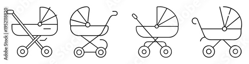 Black and white outline illustration of four different style baby carriages