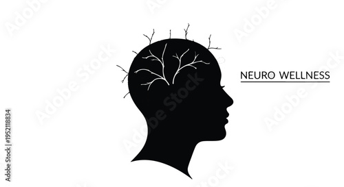 Silhouette of a human head with stylized tree branches growing from the brain area, symbolizing mental growth and neuro wellness.