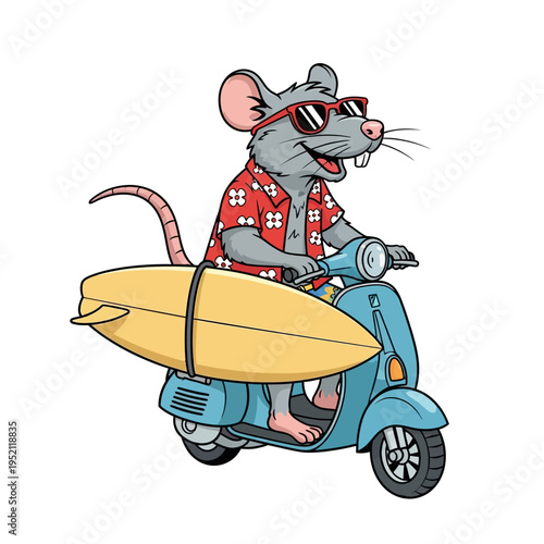 A cartoon mouse wearing sunglasses and a Hawaiian shirt rides a scooter with a surfboard strapped to the side.