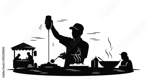 Street food vendor preparing delicious meal at outdoor stall, steaming food