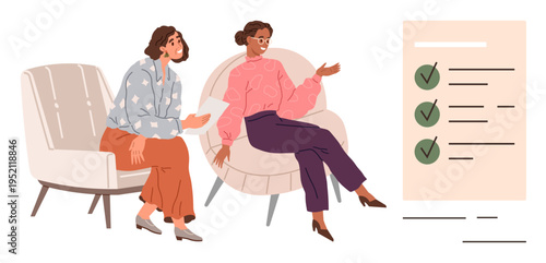 Teamwork, collaboration, productivity, decision-making, communication, planning. Two women seated discussing near a checklist. Teamwork and planning concept