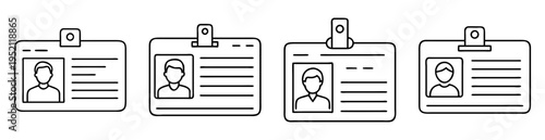 Four illustrations of identification cards or badges with photo and information