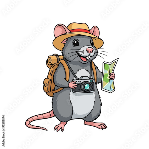 A cheerful cartoon rat wearing a straw hat and backpack, holding a map and a camera, ready for an adventure.