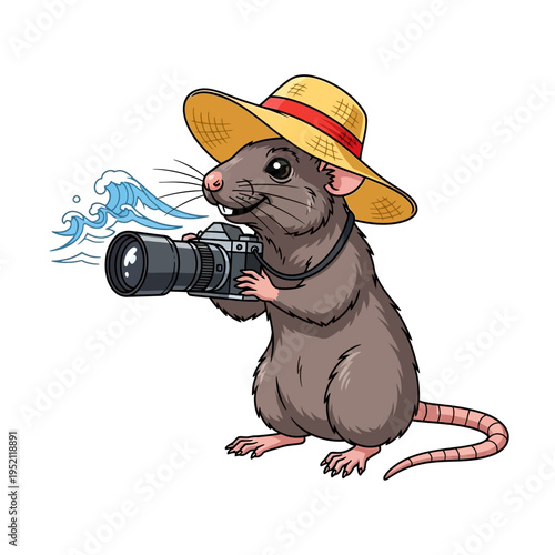 A cute cartoon rat wearing a straw hat and holding a camera, capturing a wave.