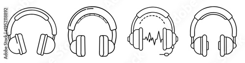 Four stylized depictions of headphones in black and white outline format