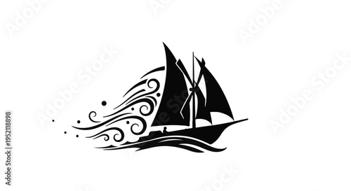 Majestic sailing ship glides through stylized waves and wind