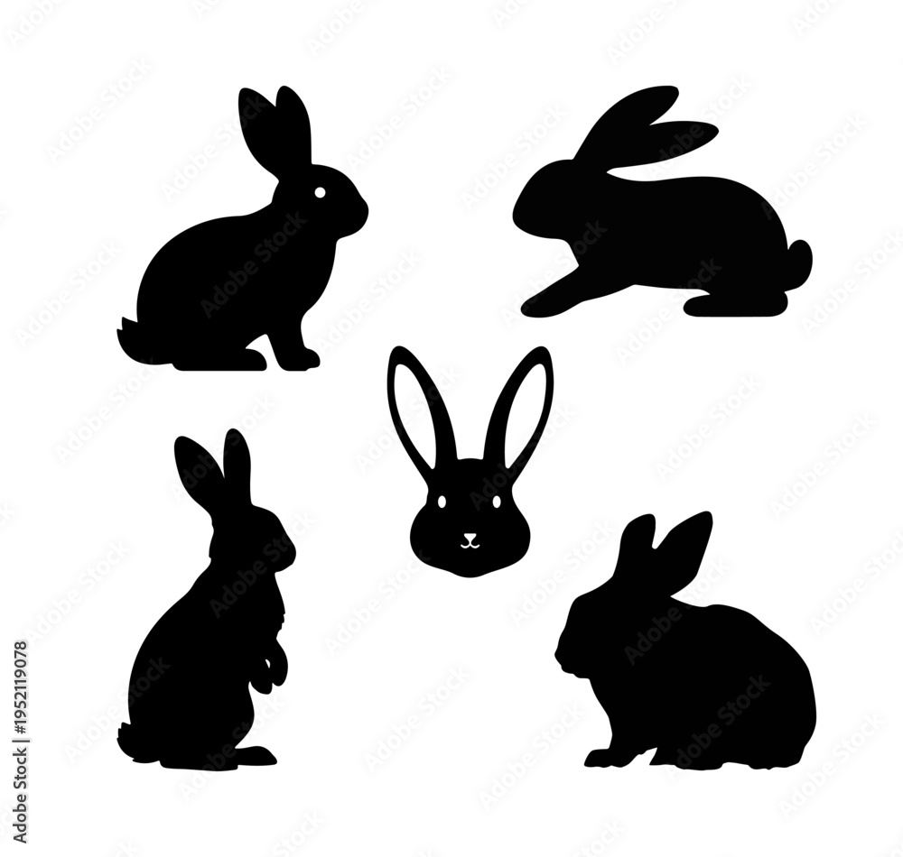 Fototapeta premium Rabbit silhouettes in different positions, simple animal vector collection isolated on white