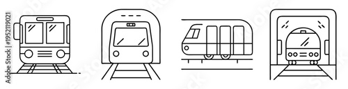 Line art illustration featuring four different subway and train designs