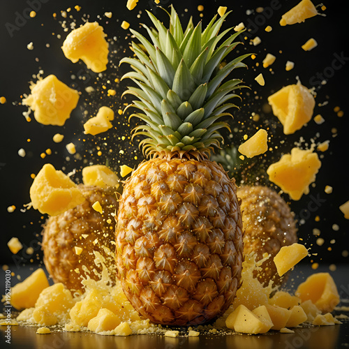 Bursting pineapples with pieces and juice flying around.