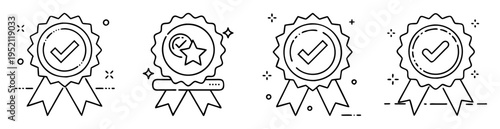 Black and white line art illustration of success badges with checkmarks