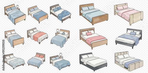 Collection of various beds and bedroom furniture, showcasing different styles of mattresses, frames, and bedding in a hand-drawn illustration style.