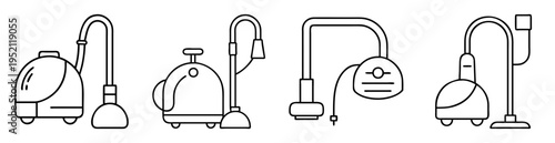 Different styles of vacuum cleaners in outline vector drawing illustration
