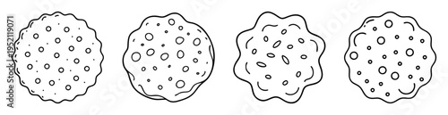 Four black and white amoebalike organisms with circular markings and textured edges