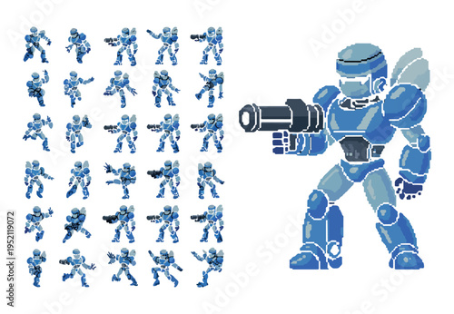A large pixel art blue robot holds a futuristic weapon with many smaller action poses
