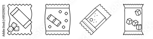 Line art illustration featuring four candy packets with different shapes and patterns