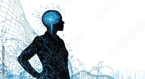 Woman's silhouette with glowing brain and organic patterns symbolizing intellect and growth