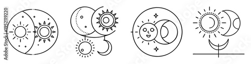 Graphic line art design showing phases of the moon and sun icons