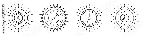 black and white set of four radiating clock face line drawings