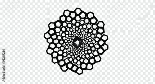 Intricate geometric pattern with a repeating hexagonal spiral design on a transparent background.