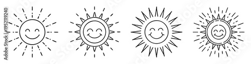 Four variations of simple cartoon style sun with smiling face and rays