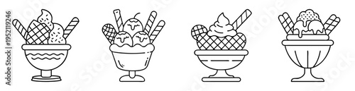 Four unique ice cream sundae dessert in classic bowls black outline