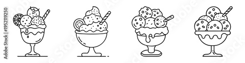 Black and white line drawing of four ice cream sundae desserts