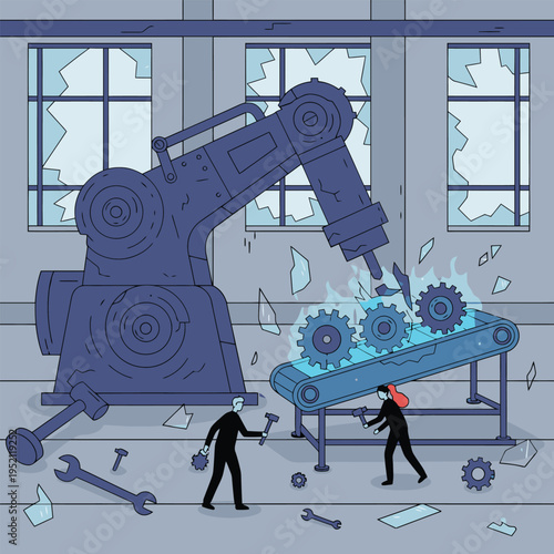 Robotic Arm Malfunction Causing Industrial Chaos and Human Struggle.