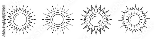 Four black and white suns with varying designs and styles