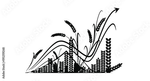 Agricultural growth visualized with rising bar charts and wheat stalks, symbolizing economic progress.