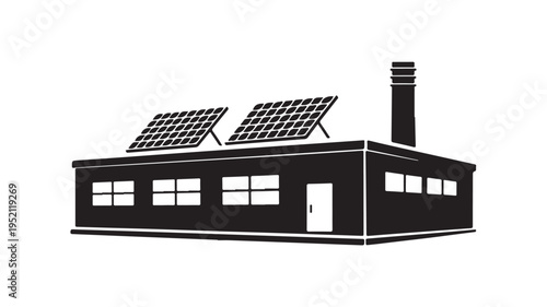 Minimalist factory illustration with solar panels, representing sustainable industry, renewable energy, and eco-friendly production in a clean, modern design