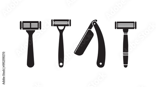 A minimalist black and white illustration featuring four distinct types of razors, showcasing grooming tools