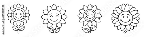 Four stylized black and white sunflowers with cute smiling faces illustration