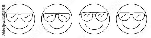 Four smiling faces wearing different styles of sunglasses in a row