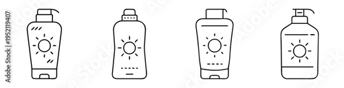 Four stylized bottles of sunscreen lotion with sun icon in black outline