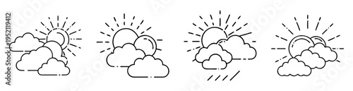 Weather icons depicting sun behind clouds, and clouds producing rain, outline style