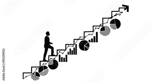 Silhouette of a person ascending stairs composed of financial charts and graphs, symbolizing career growth and success.