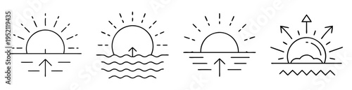 Various simple illustrations of the sun rising or setting over water