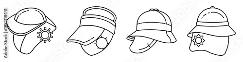 Outlined collection of cartoon detective hats and caps in black and white