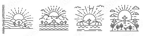 Line art drawing depicting scenes of sunrises with crosses on hills