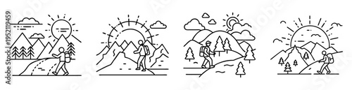 Various depictions of hiking adventures in nature with mountains and sunshine